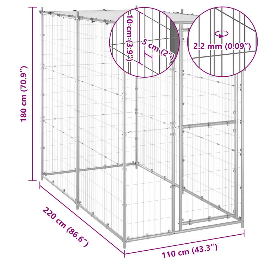 Canil de exterior com telhado 110x220x180 cm aço galvanizado