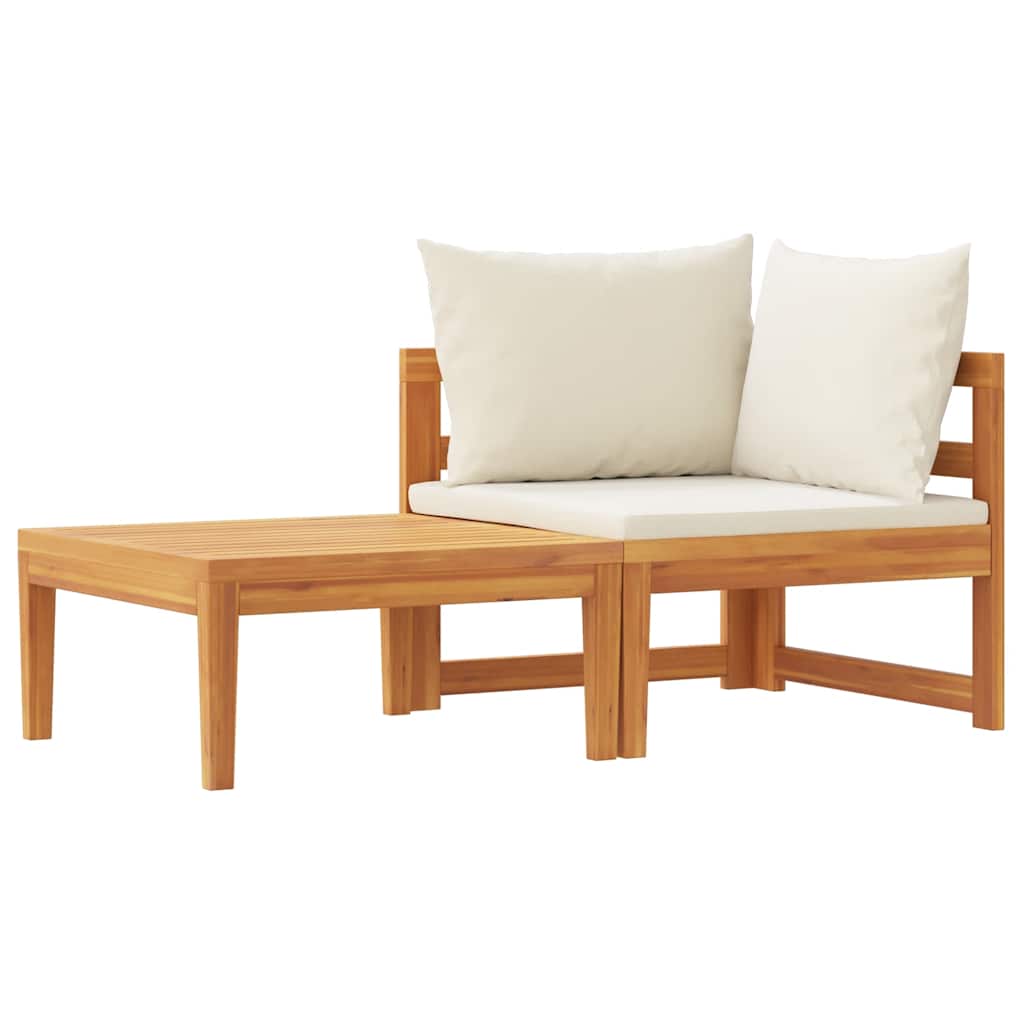 2 pcs conj. lounge de jardim c/ almofadões branco nata acácia