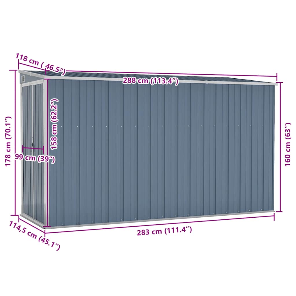 Abrigo suspenso p/ jardim 118x288x178 cm aço galvaniz. cinzento