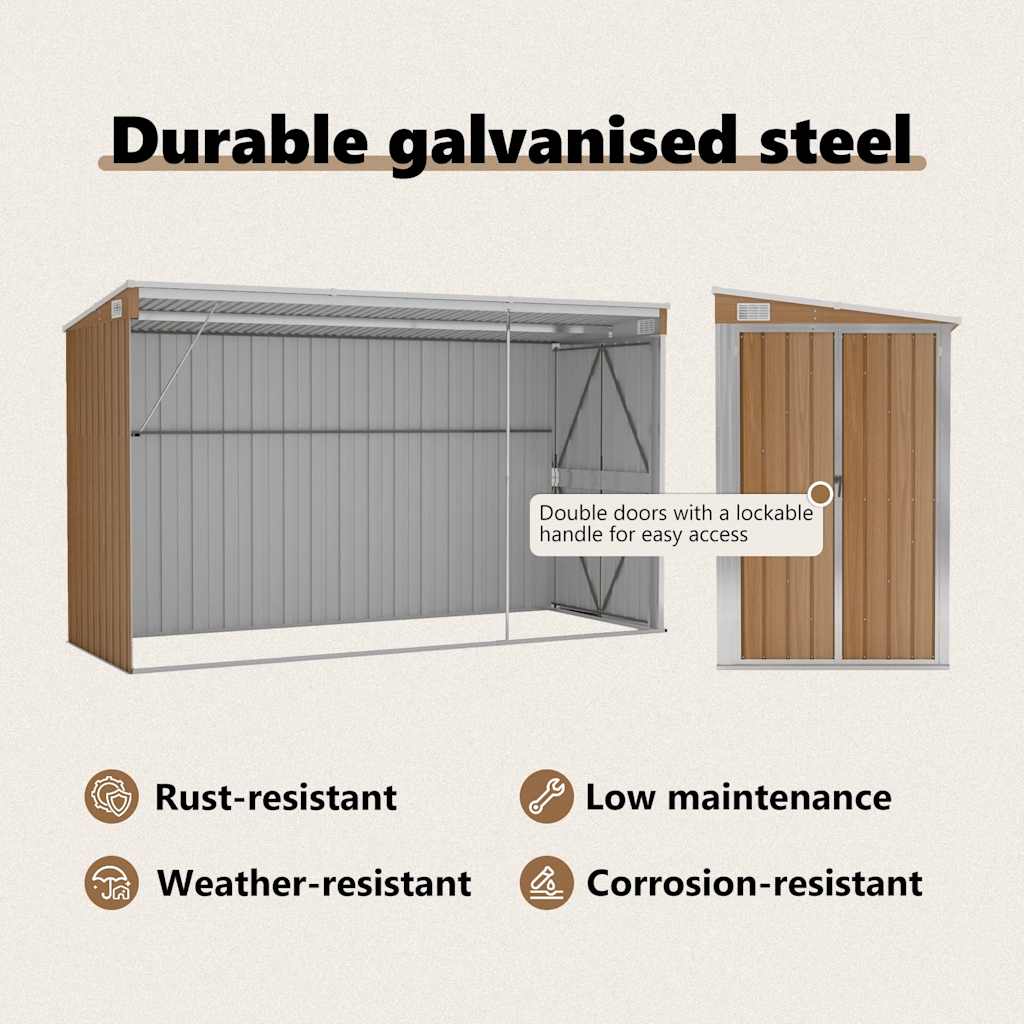 Abrigo de jardim de parede castanho 118x288x178 cm aço galvanizado