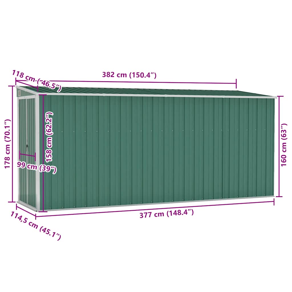 Abrigo suspenso p/ jardim 118x382x178 cm aço galvanizado verde