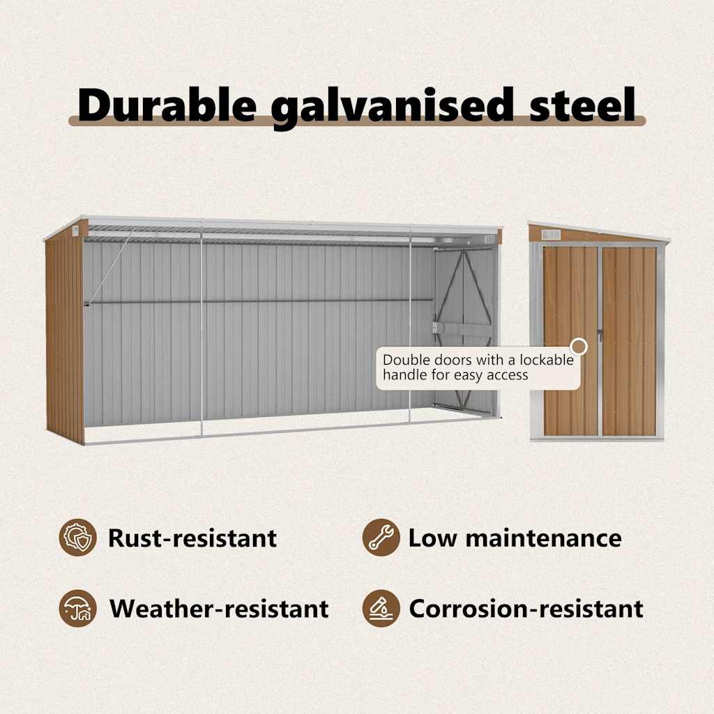Abrigo de jardim de parede castanho 118x382x178 cm aço galvanizado