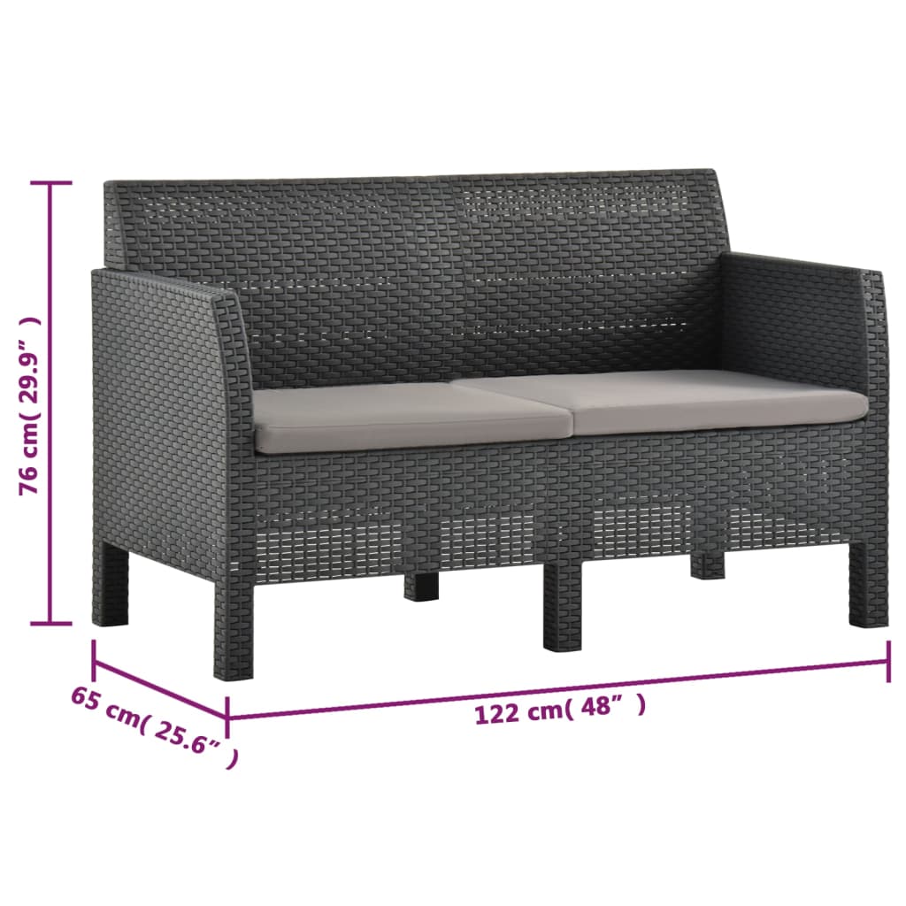 2 pcs conjunto lounge jardim com almofadões vime PP antracite