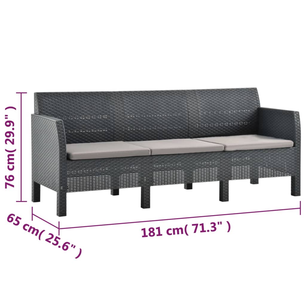 2 pcs conjunto lounge jardim com almofadões vime PP antracite