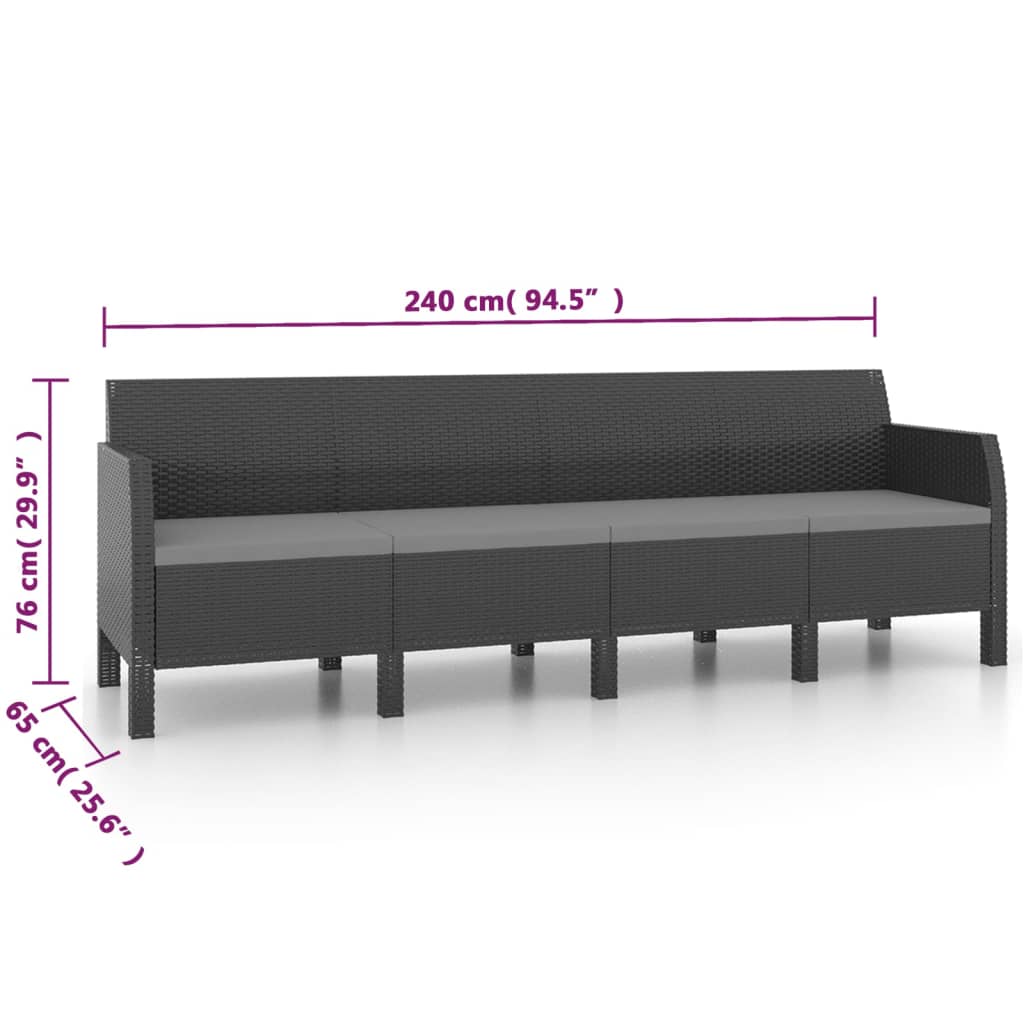 3 pcs conjunto lounge jardim com almofadões vime PP antracite