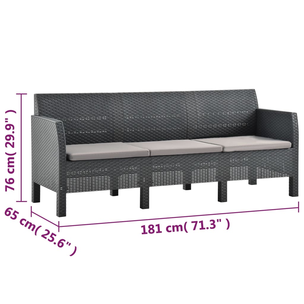 2 pcs conjunto lounge jardim com almofadões vime PP antracite
