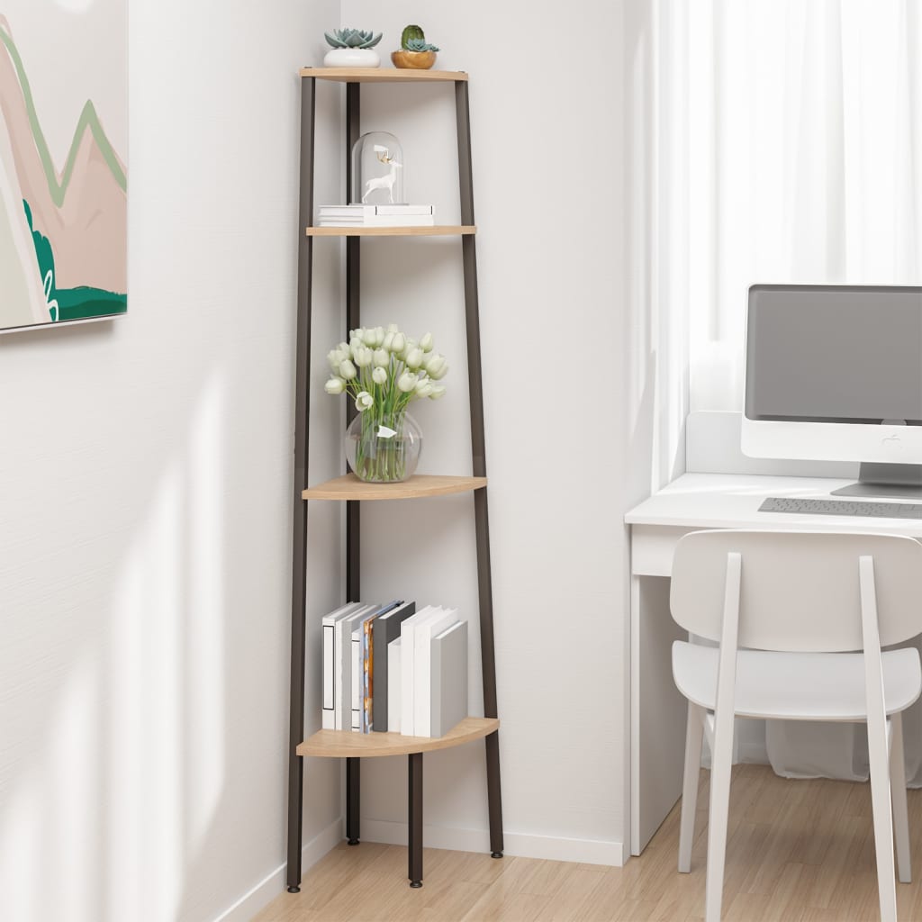 Prateleira de canto com 4 níveis, castanho escuro e preto, 45,5x31,5x150 cm