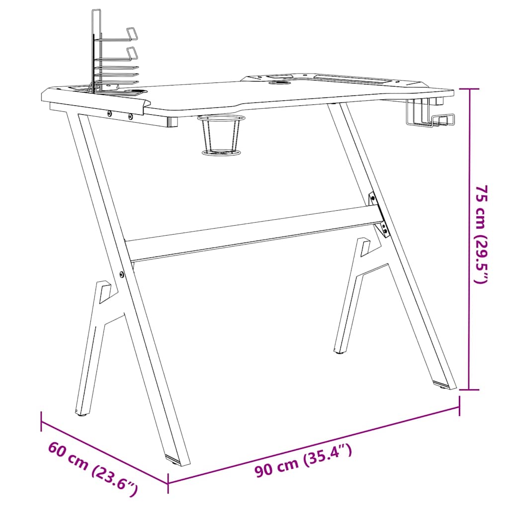 Secretária de gaming c/ luzes LED forma de Y 90x60x75 cm preto