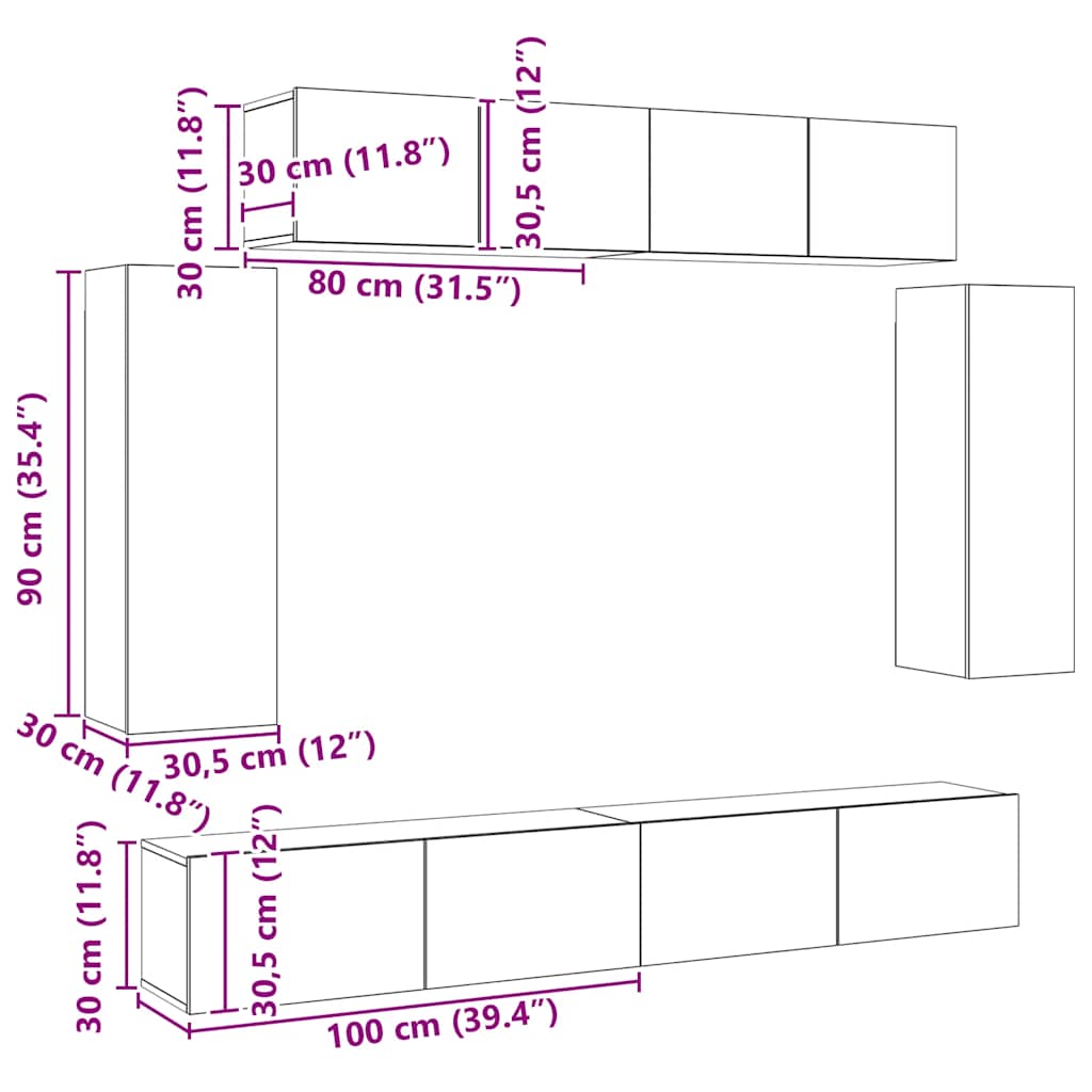 3 pcs conj. móveis TV derivados madeira branco/carvalho sonoma