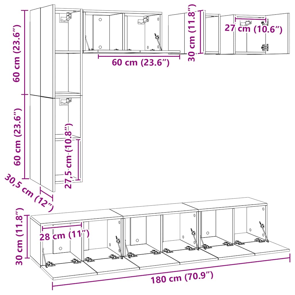3 pcs conj. móveis TV derivados madeira branco/carvalho sonoma