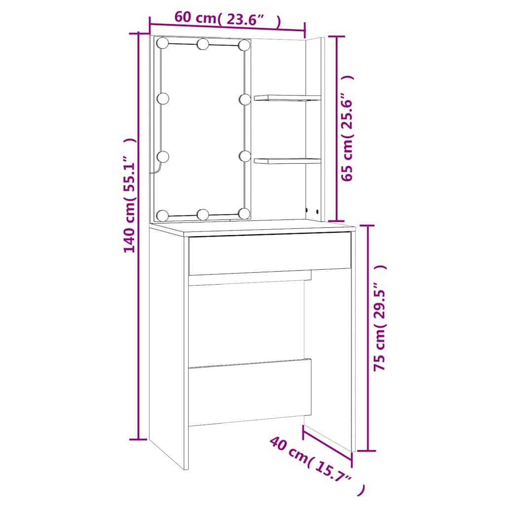 Toucador com LEDs 86,5x35x136 cm branco brilhante