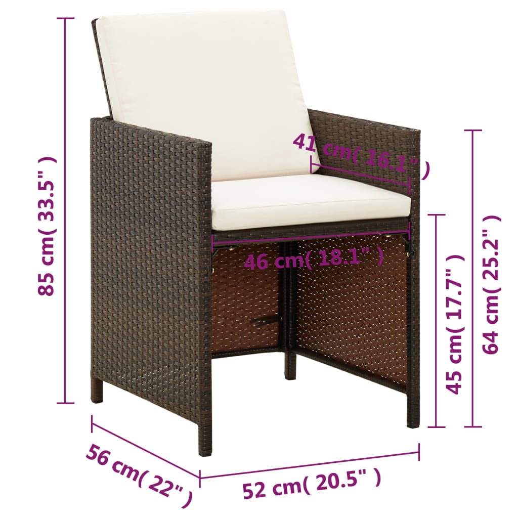 Cadeiras de jantar jardim c/ almofadões 4 pcs vime PE castanho