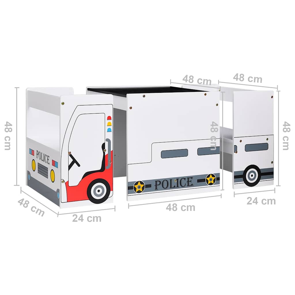 3 pcs conj. mesa e cadeiras infantil design carro policia MDF