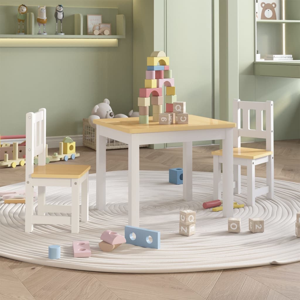 3 pcs conjunto mesa e cadeiras infantil MDF branco e cinzento