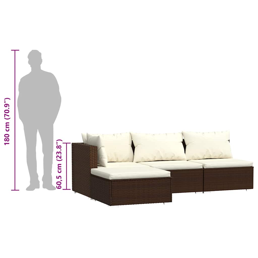 4 pcs conjunto lounge jardim c/ almofadões vime PE castanho