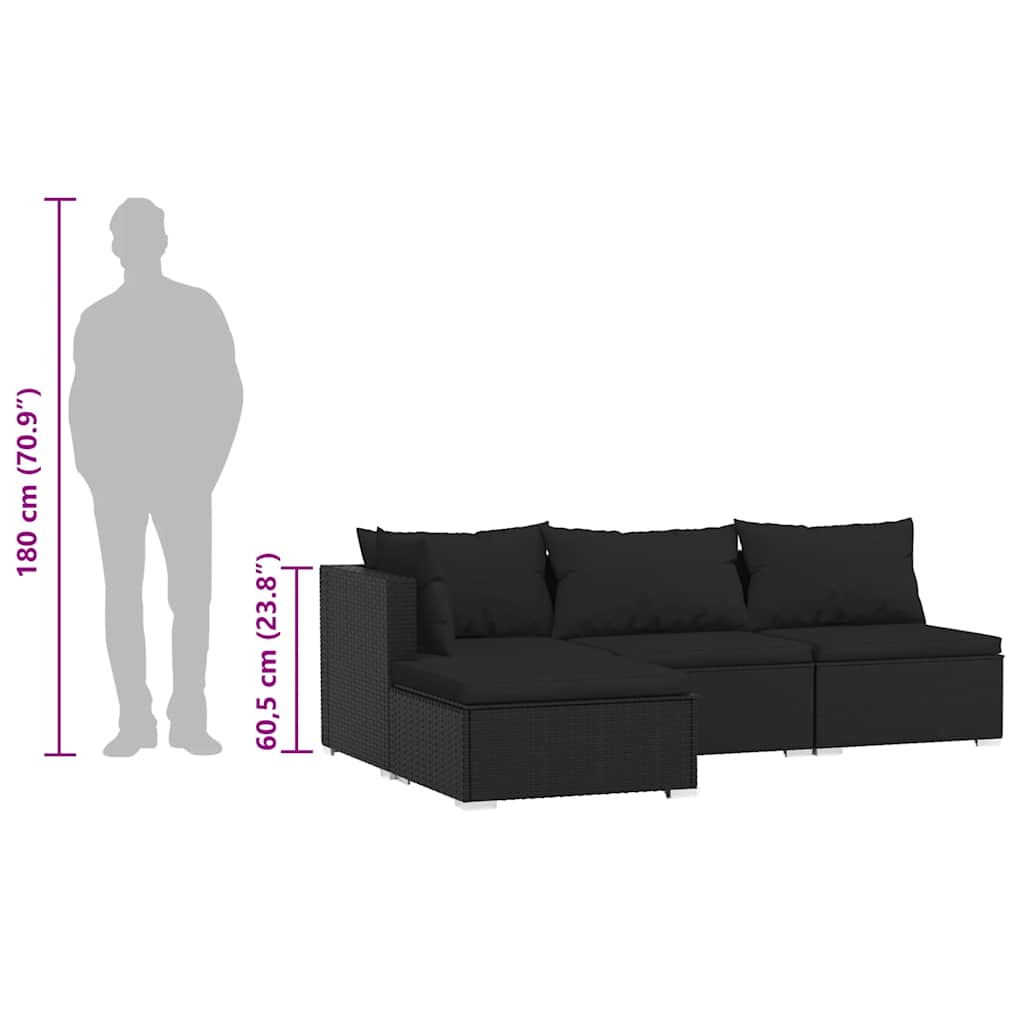 4 pcs conjunto lounge de jardim c/ almofadões vime PE preto