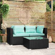 3 pcs conjunto lounge de jardim c/ almofadões vime PE preto