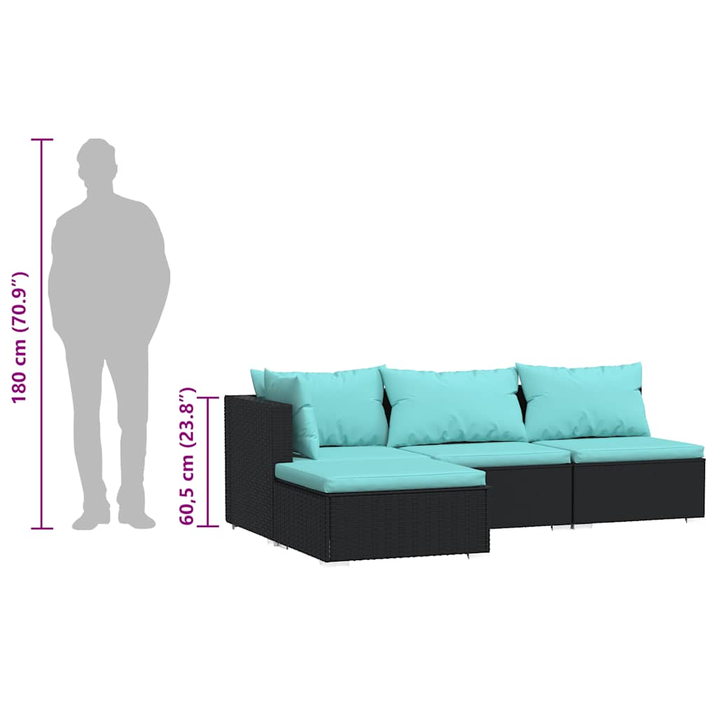 4 pcs conjunto lounge de jardim c/ almofadões vime PE preto