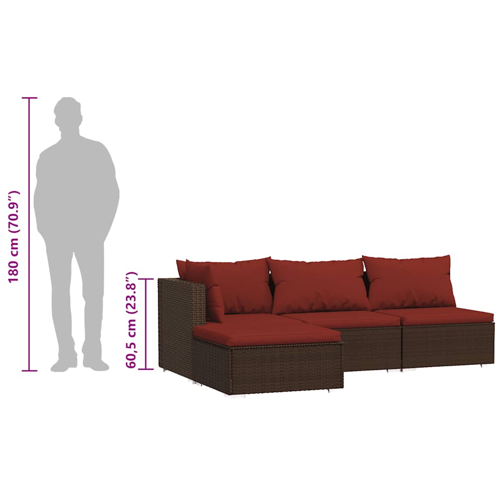 4 pcs conjunto lounge jardim c/ almofadões vime PE castanho