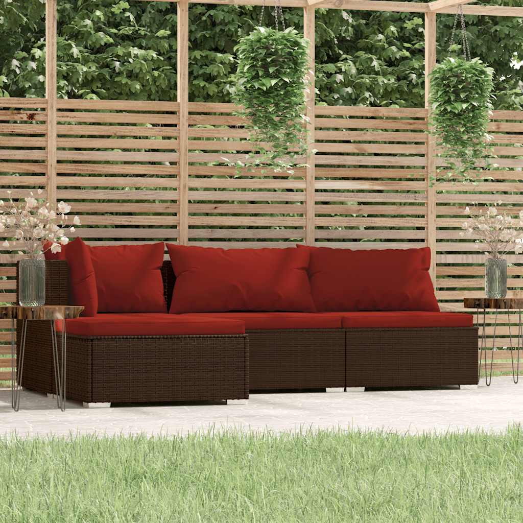4 pcs conjunto lounge jardim c/ almofadões vime PE castanho