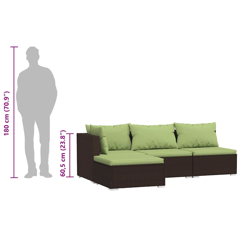 4 pcs conjunto lounge jardim c/ almofadões vime PE castanho