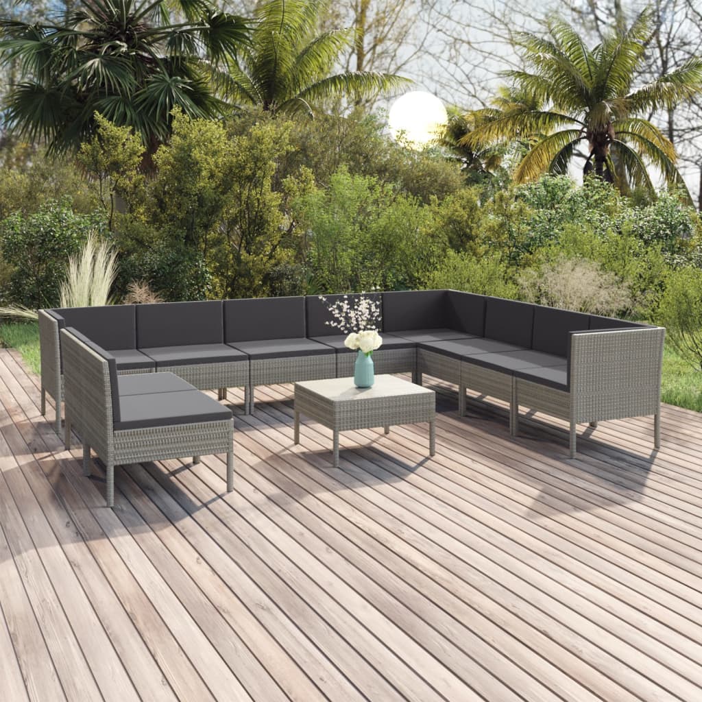 11 pcs conjunto lounge de jardim c/ almofadões vime PE cinzento