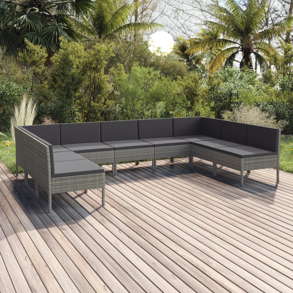 11 pcs conjunto lounge de jardim c/ almofadões vime PE cinzento