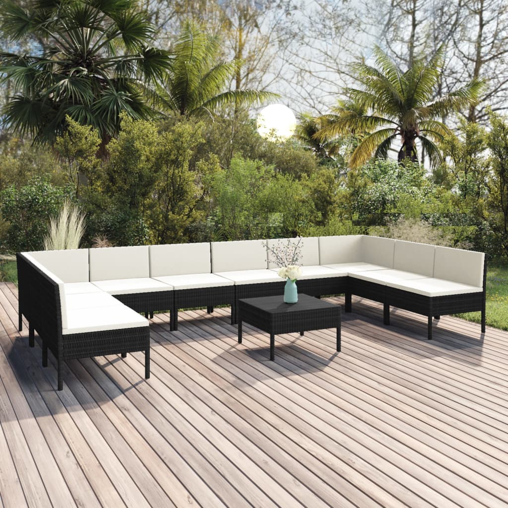 11 pcs conjunto lounge de jardim c/ almofadões vime PE preto