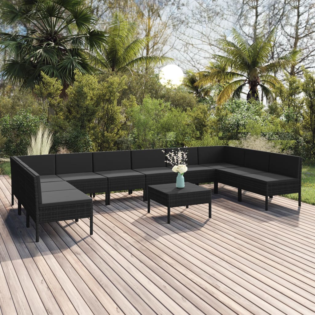 11 pcs conjunto lounge de jardim c/ almofadões vime PE preto