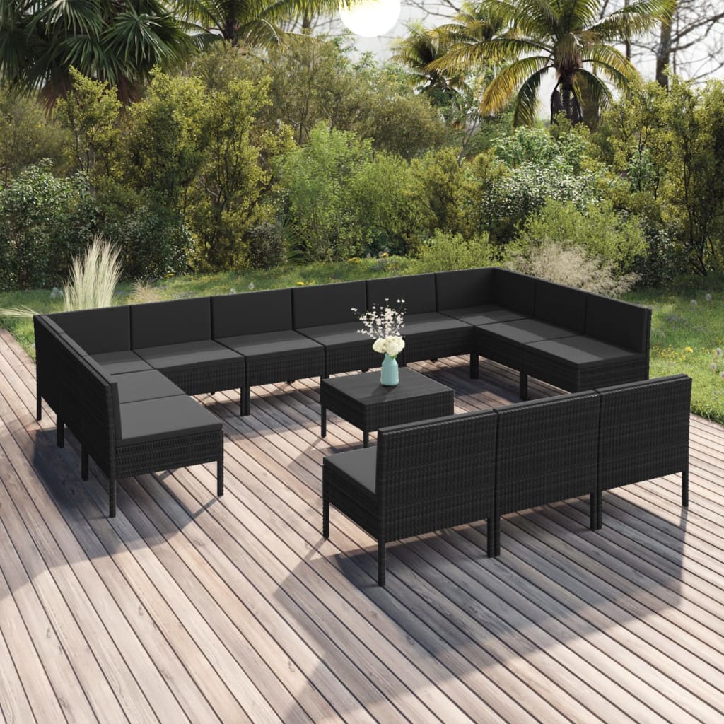 11 pcs conjunto lounge de jardim c/ almofadões vime PE preto