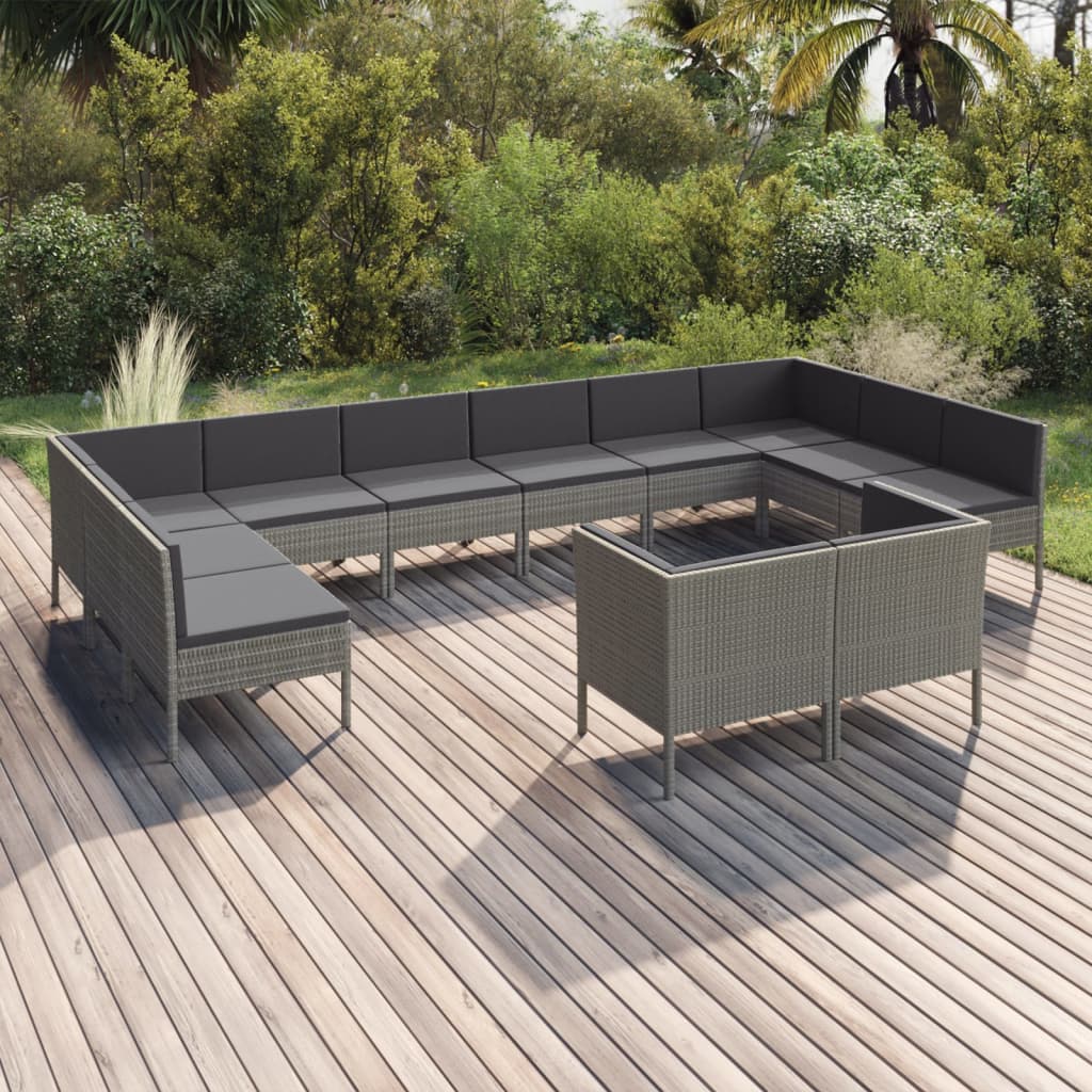11 pcs conjunto lounge de jardim c/ almofadões vime PE cinzento