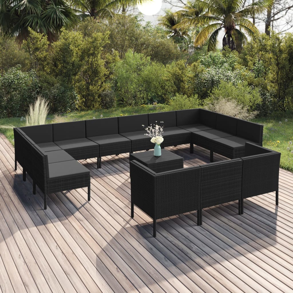 11 pcs conjunto lounge de jardim c/ almofadões vime PE preto