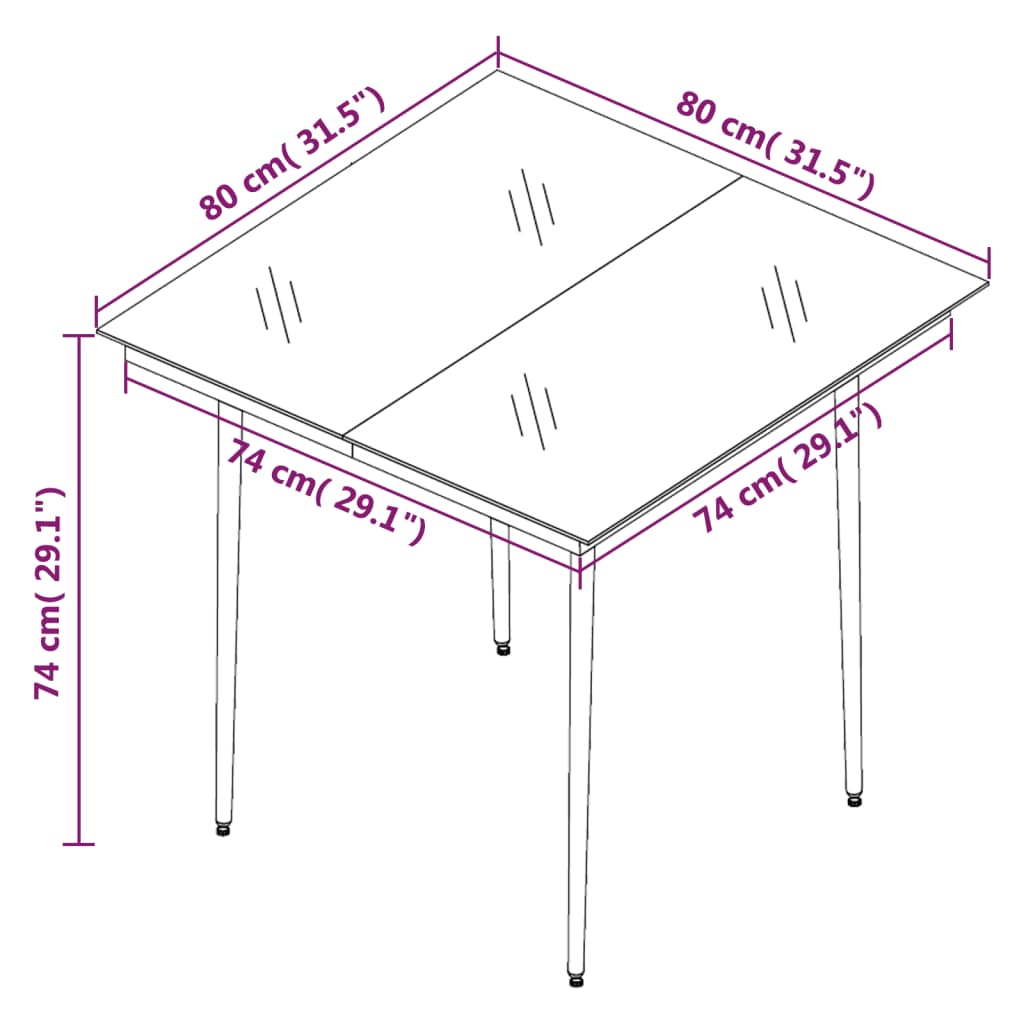 Mesa de jantar para jardim 80x80x74 cm aço e vidro preto