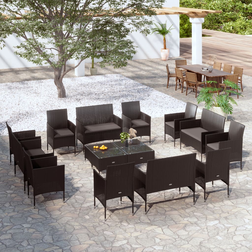 8 pcs conjunto lounge de jardim c/ almofadões vime PE cinzento
