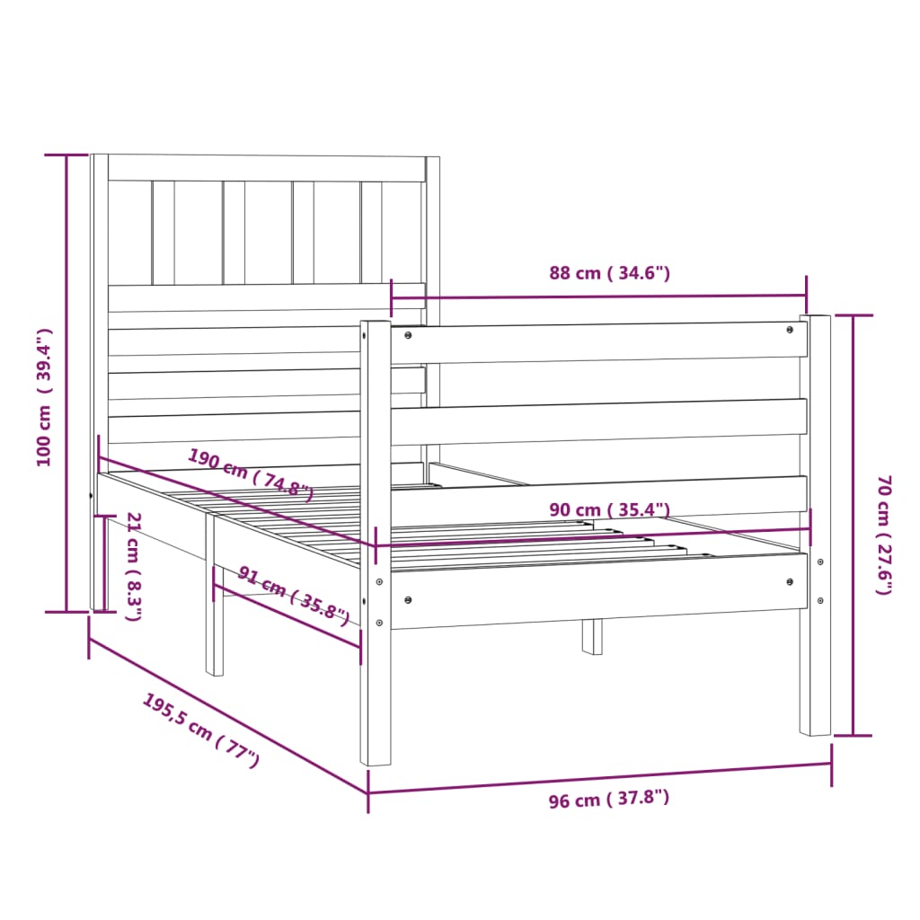 Estrutura de cama solteiro 90x190 cm madeira maciça