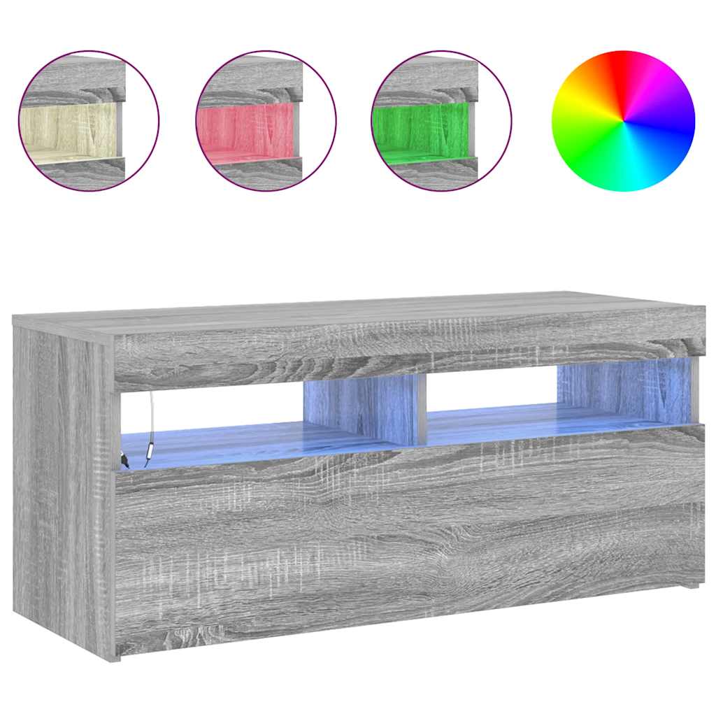 Móvel de TV com luzes LED 90x35x40 cm cinzento sonoma