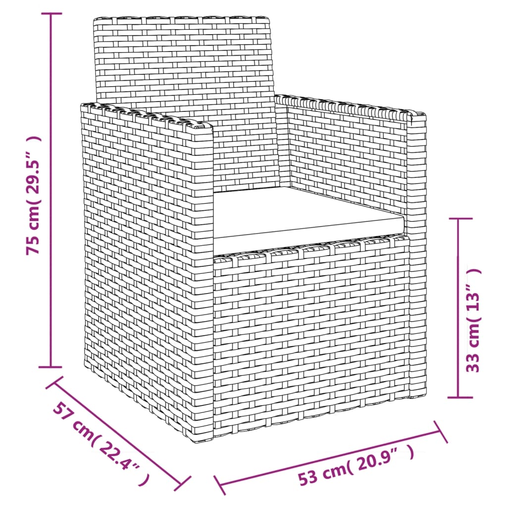 3 pcs conjunto sofás de exterior com almofadões vime PE preto