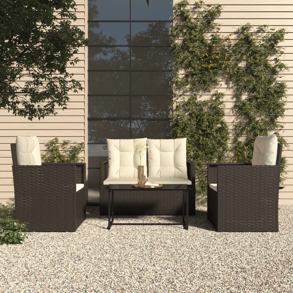 4 pcs conjunto lounge de exterior c/ almofadões vime PE preto