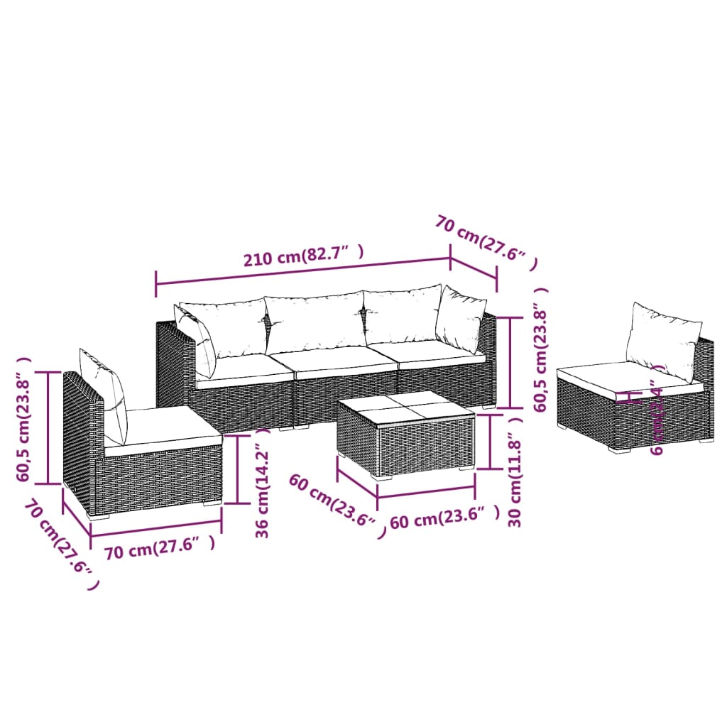 9 pcs conjunto lounge de jardim c/ almofadões vime PE cinzento