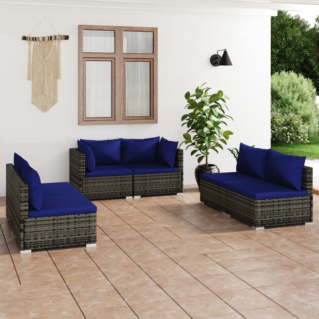 9 pcs conjunto lounge de jardim c/ almofadões vime PE cinzento