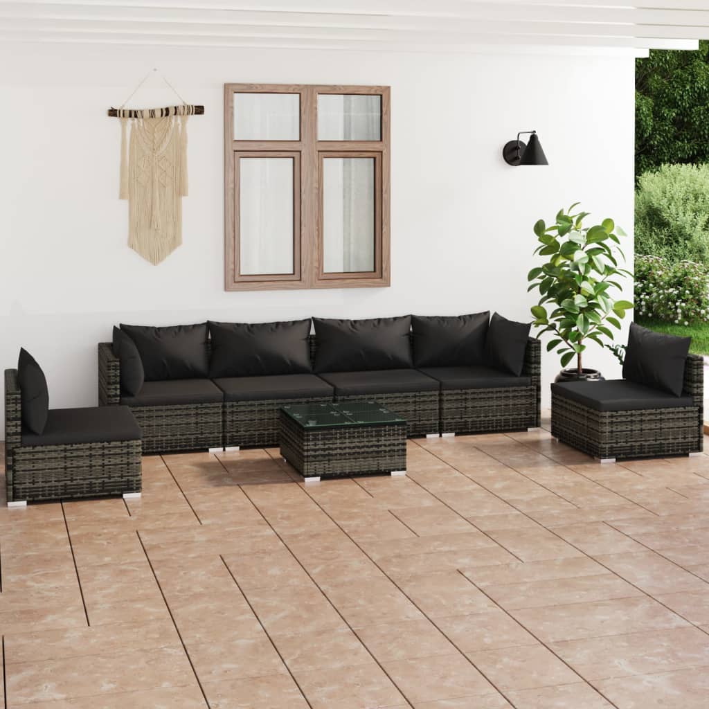 9 pcs conjunto lounge de jardim c/ almofadões vime PE cinzento