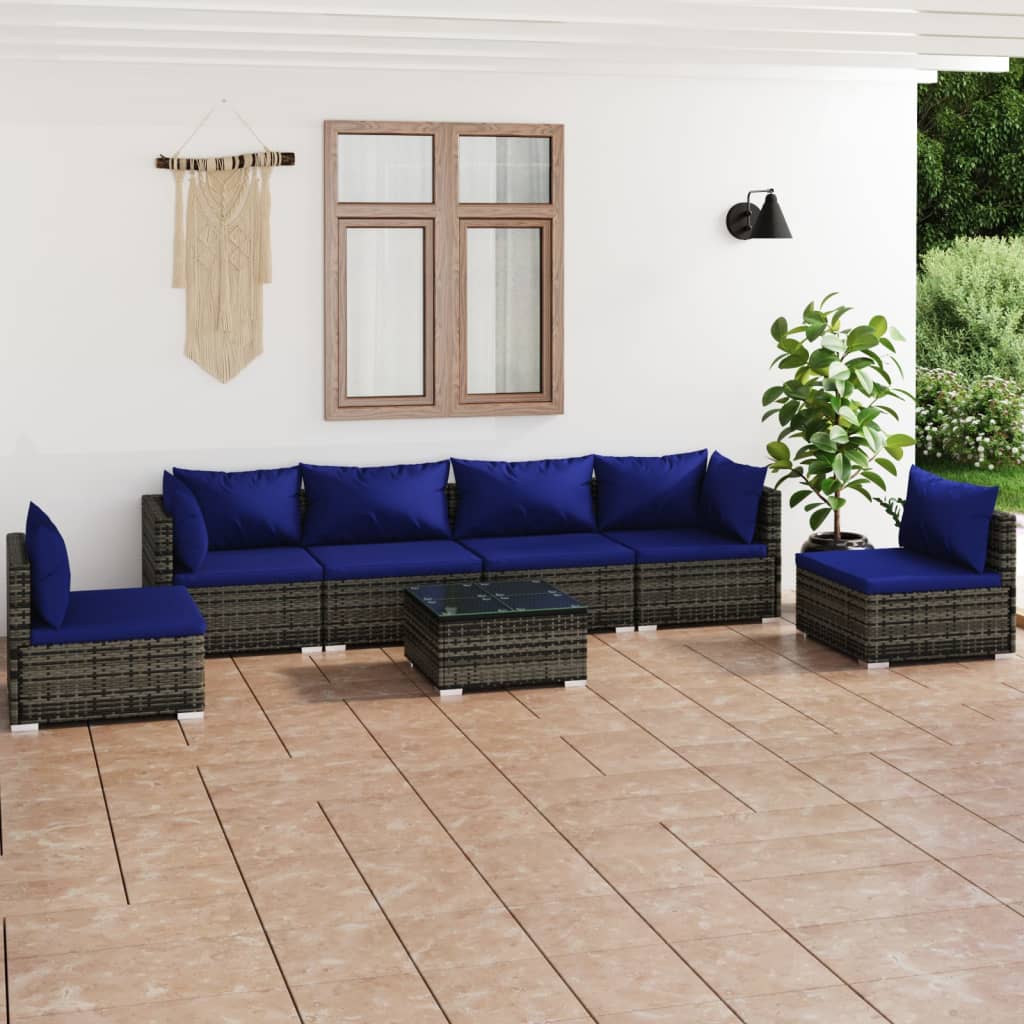 9 pcs conjunto lounge de jardim c/ almofadões vime PE cinzento