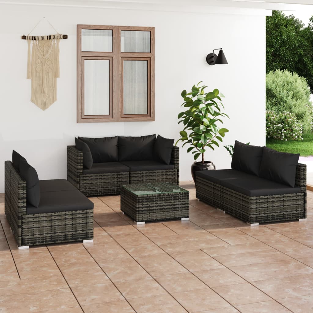 9 pcs conjunto lounge de jardim c/ almofadões vime PE cinzento