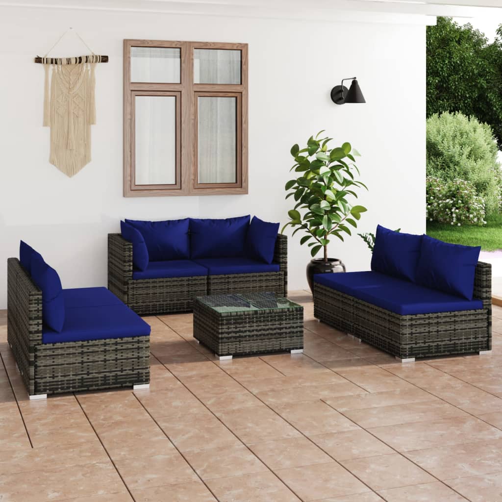 9 pcs conjunto lounge de jardim c/ almofadões vime PE cinzento