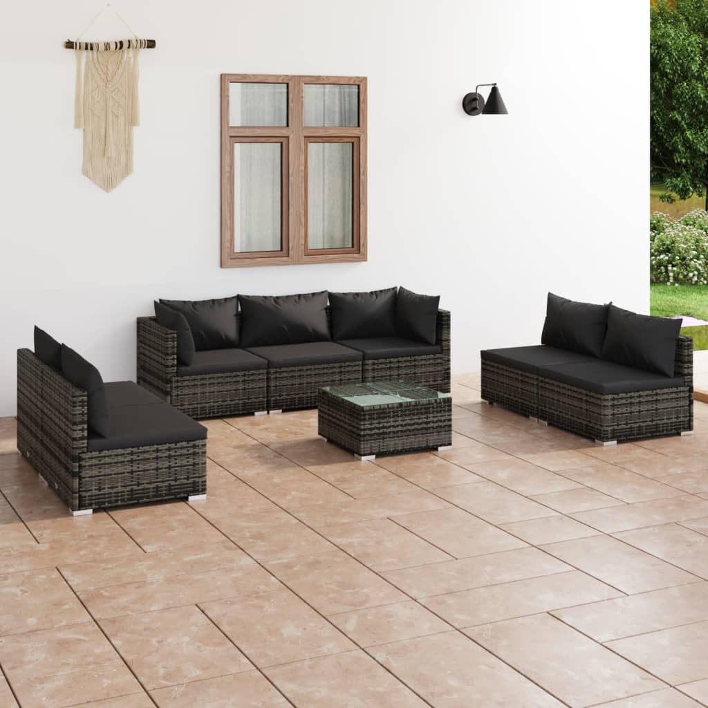 9 pcs conjunto lounge de jardim c/ almofadões vime PE cinzento