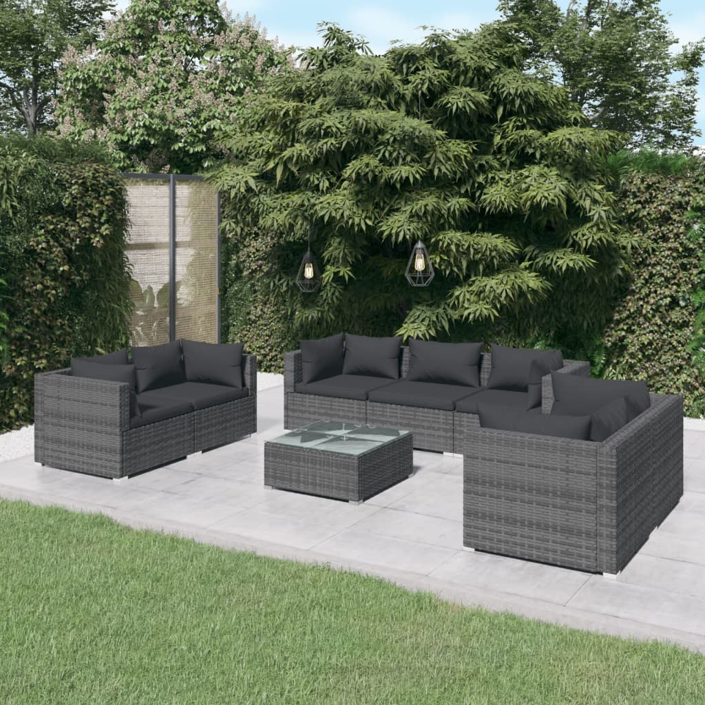 9 pcs conjunto lounge de jardim c/ almofadões vime PE cinzento
