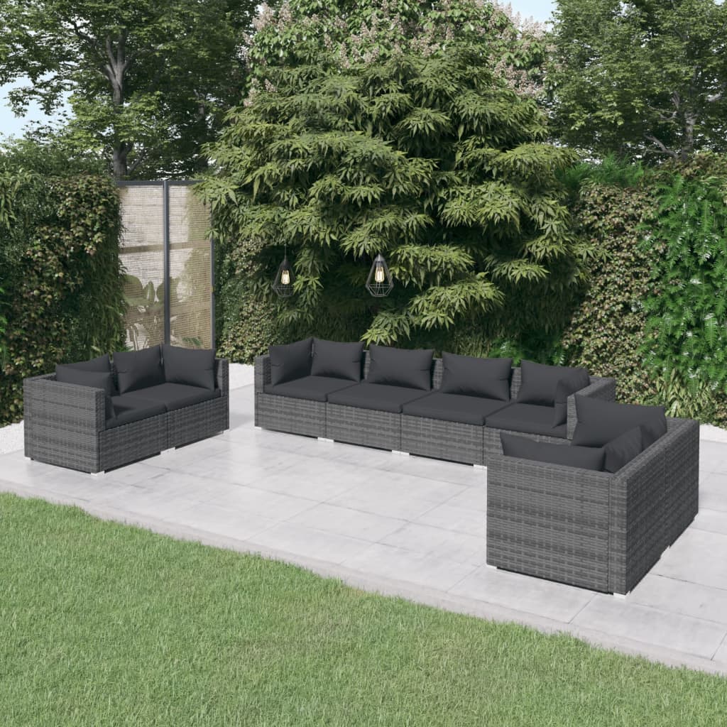 9 pcs conjunto lounge de jardim c/ almofadões vime PE cinzento