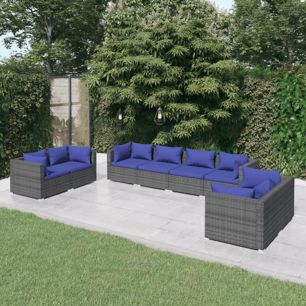 9 pcs conjunto lounge de jardim c/ almofadões vime PE cinzento
