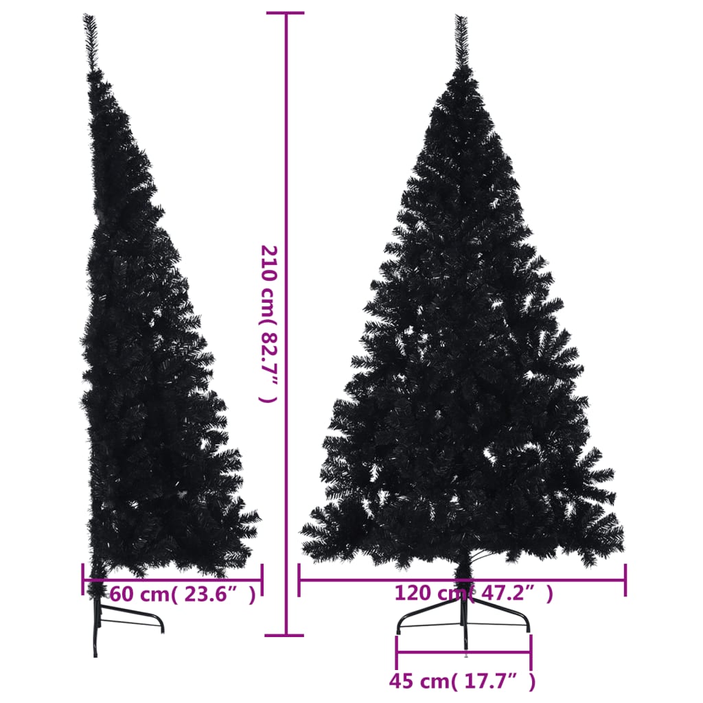 Meia árvore de Natal artificial com suporte 210 cm PVC preto