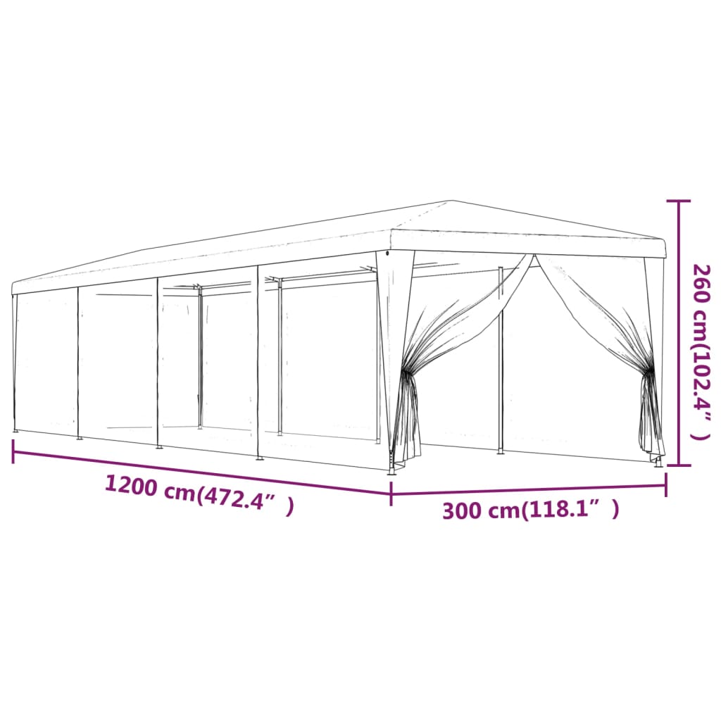 Tenda p/ festas c/ 10 paredes laterais em rede 3x12 m PEAD azul